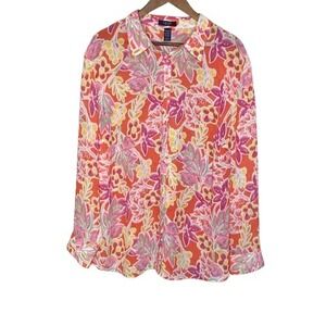 NEW Chaps Womens Floral Button Front Blouse Top 3X Coral Colorful Long Sleeve
